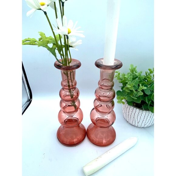 Recycled Art Glass Pink 4 Bulb Terrace Candle Holder Vase Vintage 9 Inches Home - Picture 5 of 7